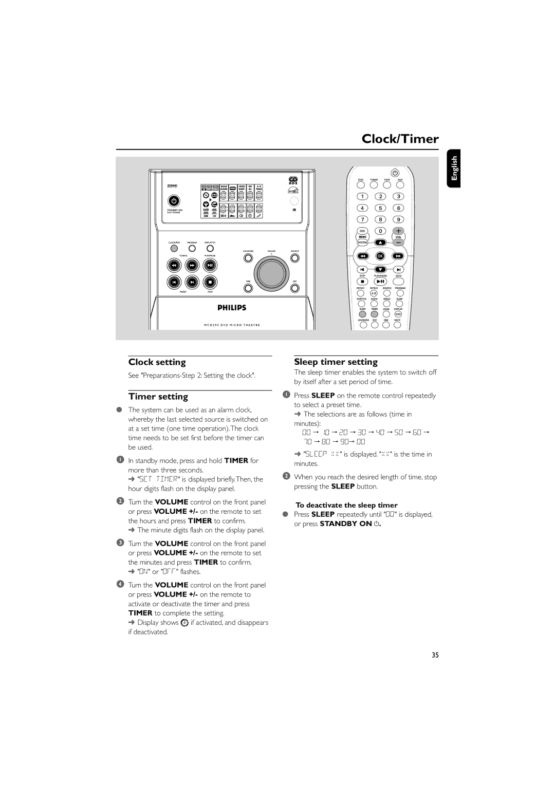 Philips MCD295/05 user manual Clock setting, Timer setting, Sleep timer setting, See Preparations- Setting the clock 