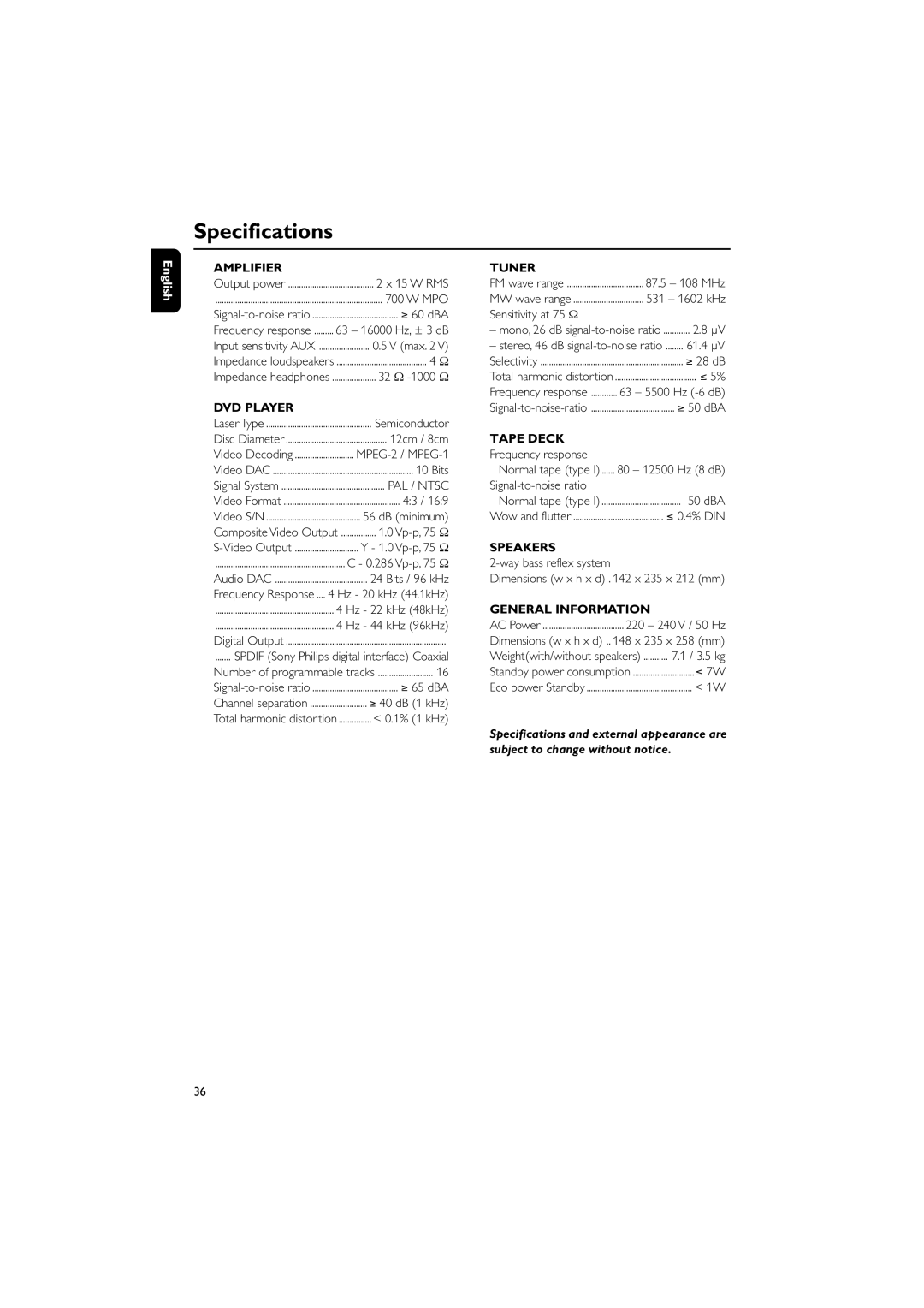 Philips MCD295/05 user manual Specifications 