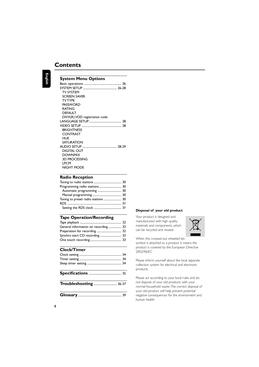 Philips MCD295/05 user manual System Menu Options, Radio Reception, Tape Operation/Recording, Clock/Timer 