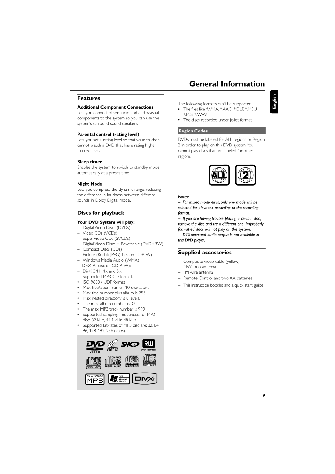 Philips MCD295/05 user manual General Information, Features, Discs for playback, Supplied accessories, Region Codes 