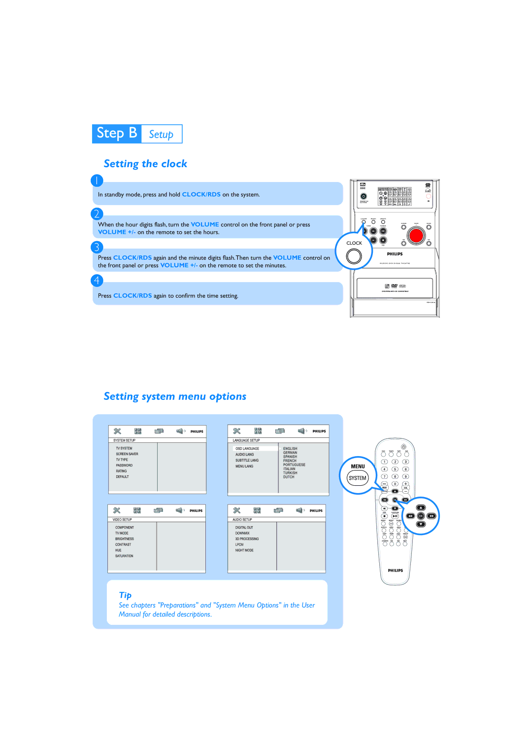 Philips MCD295/12 quick start Setting the clock, Setting system menu options 