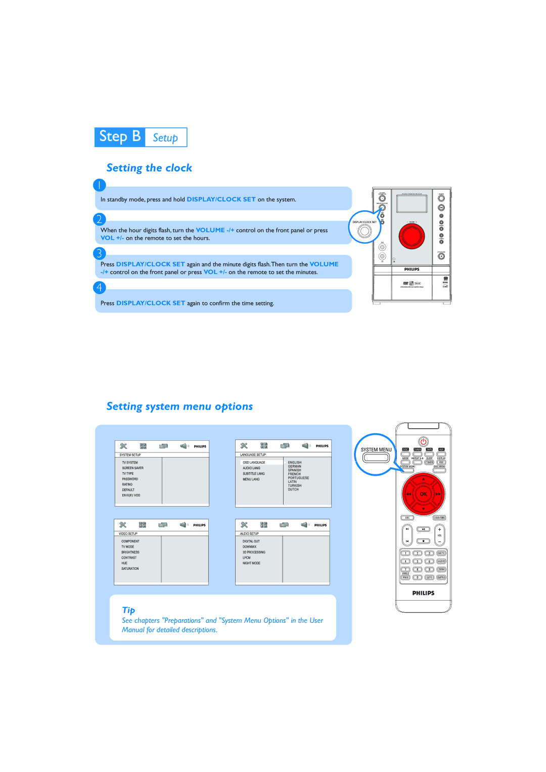 Philips MCD296/05 quick start Setting the clock, Setting system menu options 