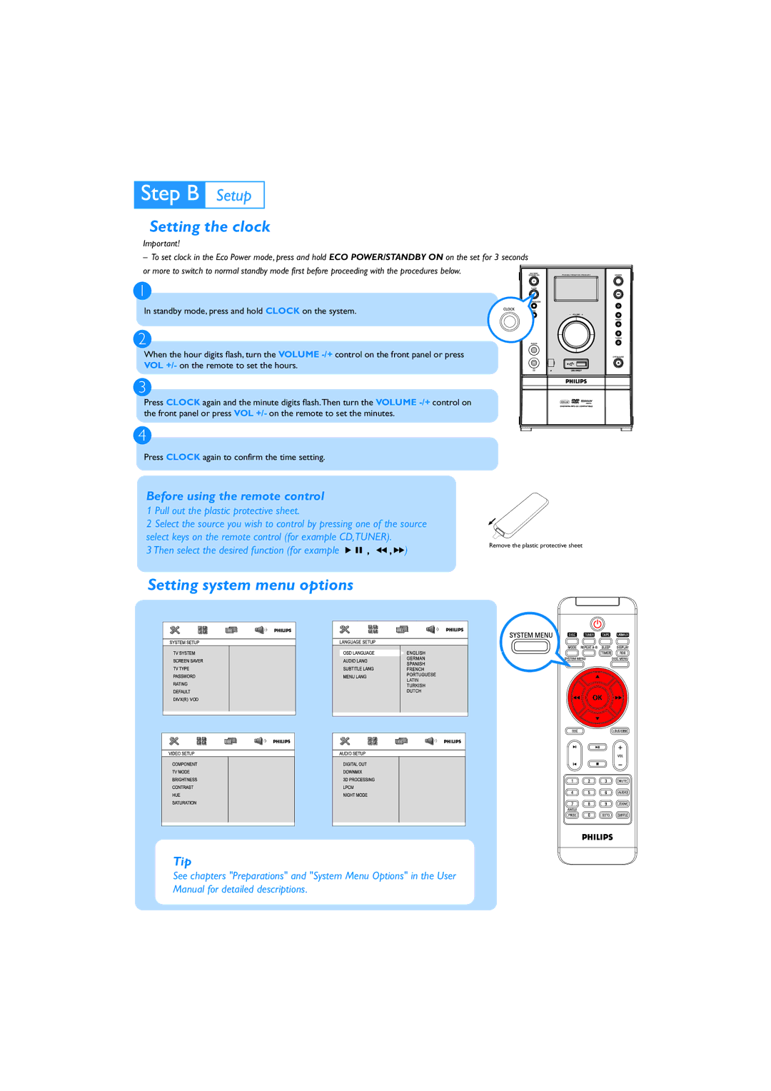 Philips MCD297/58 quick start Setting the clock, Setting system menu options, Before using the remote control 