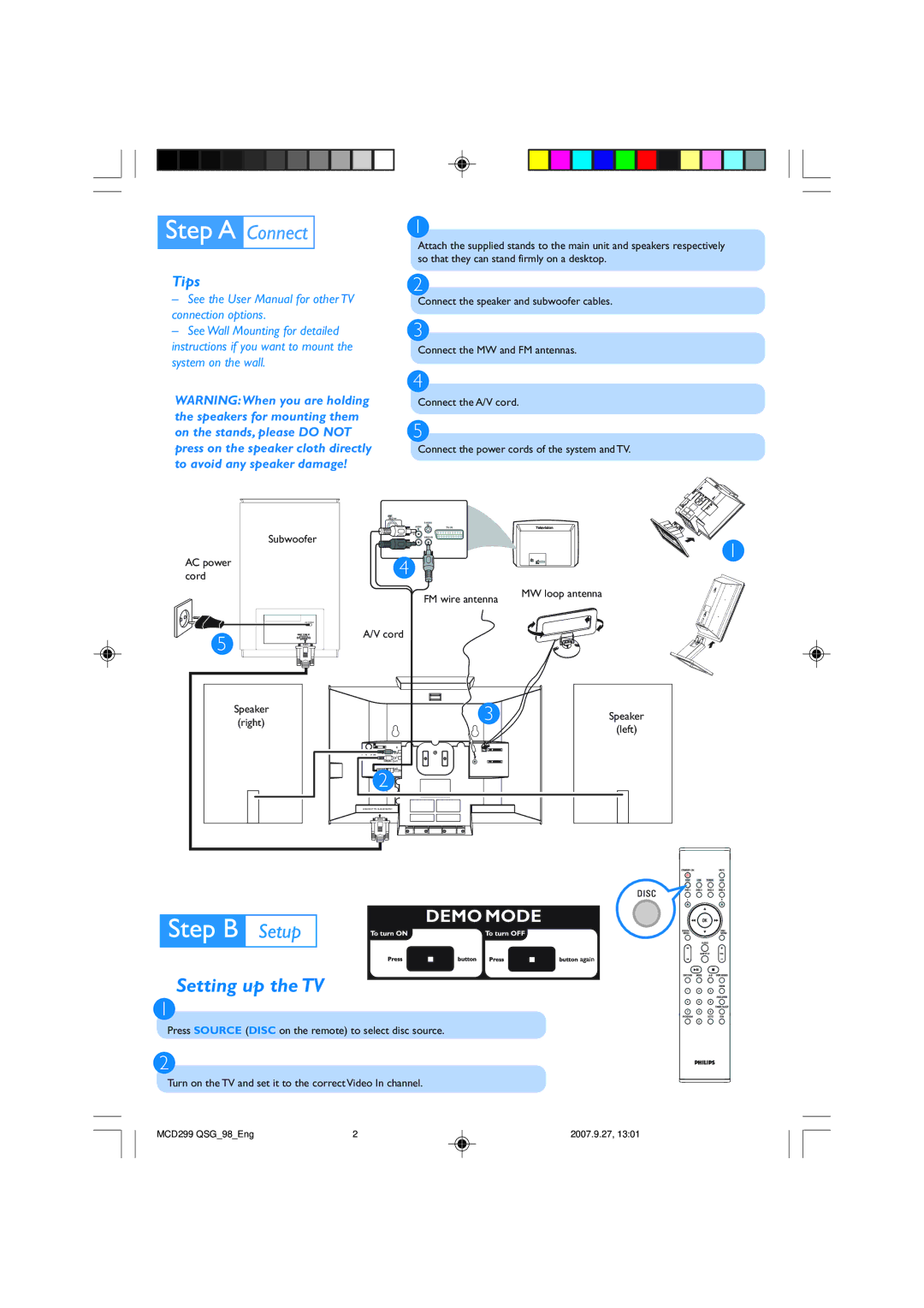 Philips MCD299 quick start Setting up the TV, Tips 