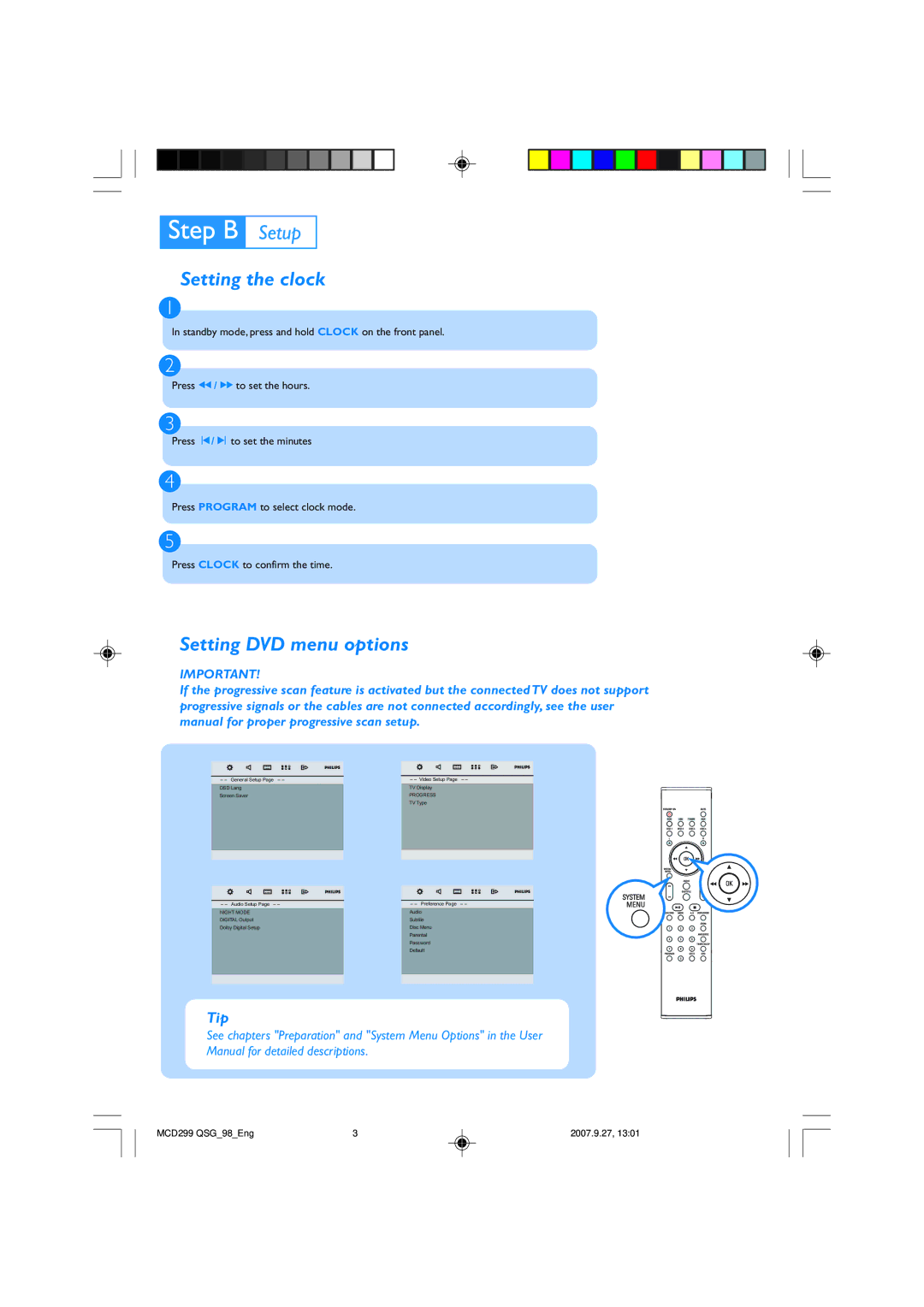 Philips MCD299 quick start Setting the clock, Setting DVD menu options, Tip 