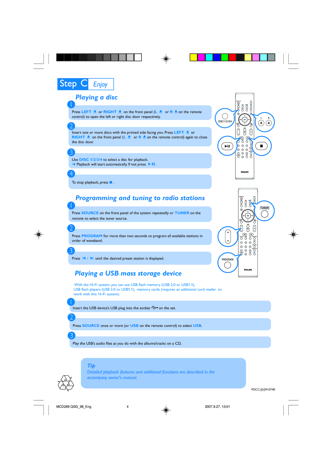 Philips MCD299 quick start Playing a disc, Programming and tuning to radio stations, Playing a USB mass storage device 