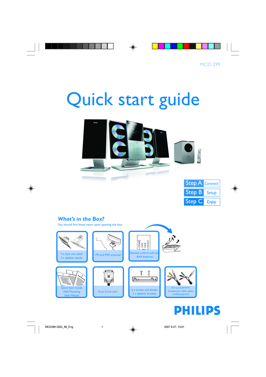 Philips MCD299 quick start What’s in the Box?, Quick start guide, You should find these items upon opening the box, Start 