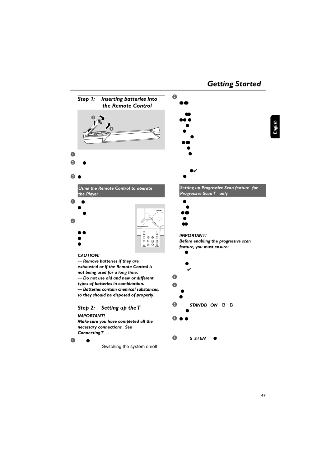 Philips MCD300/93 manual Getting Started, Inserting batteries into the Remote Control, Setting up the TV 