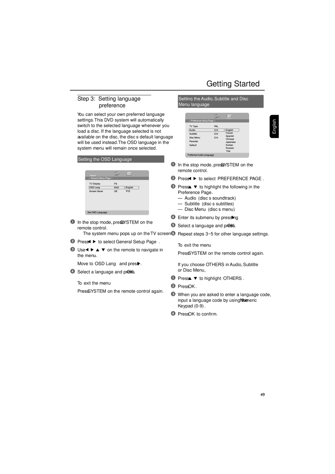 Philips MCD300/93 manual Setting the OSD Language, Stop mode, press System on the remote control, To exit the menu 