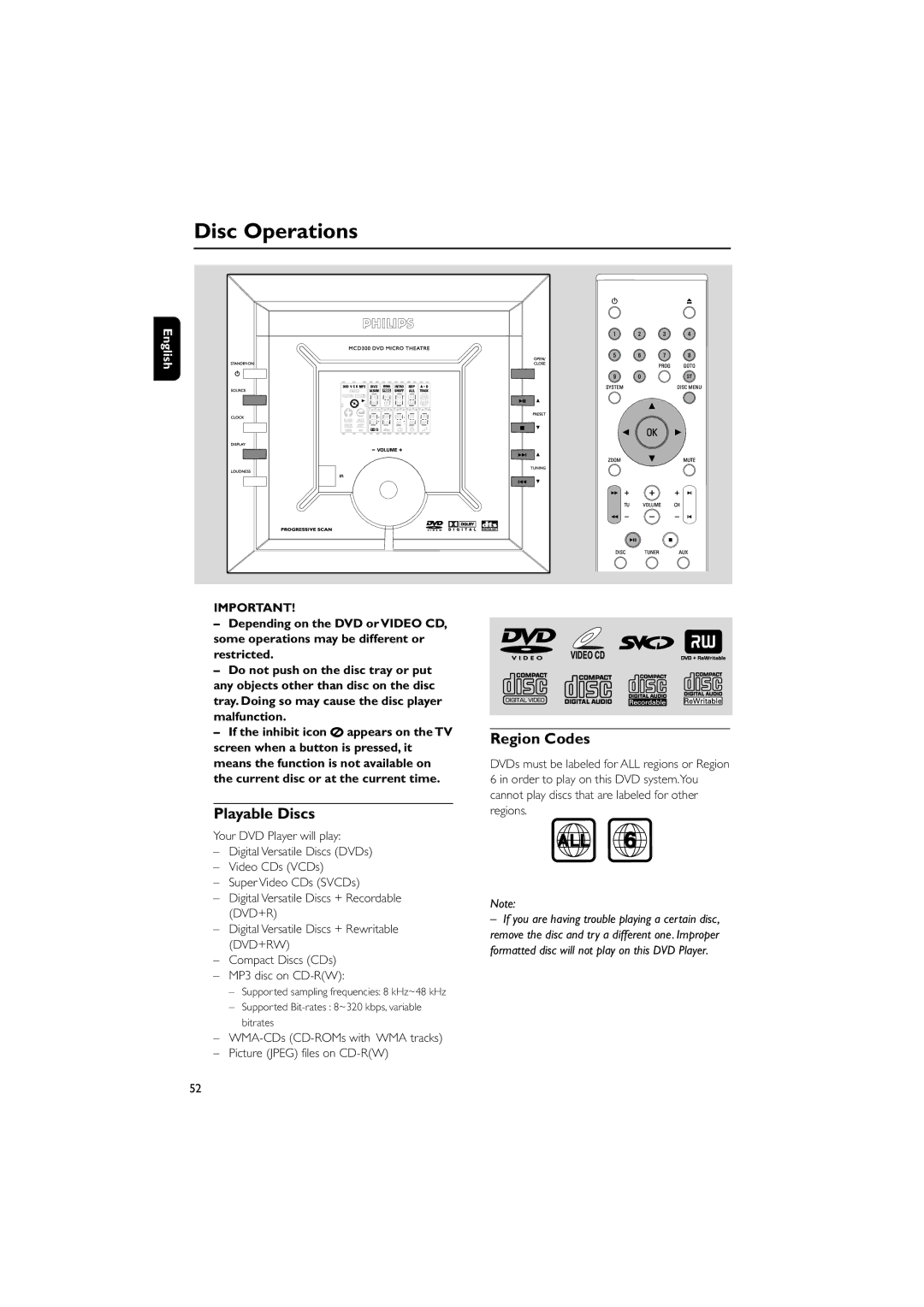 Philips MCD300/93 manual Disc Operations, Playable Discs, Region Codes 