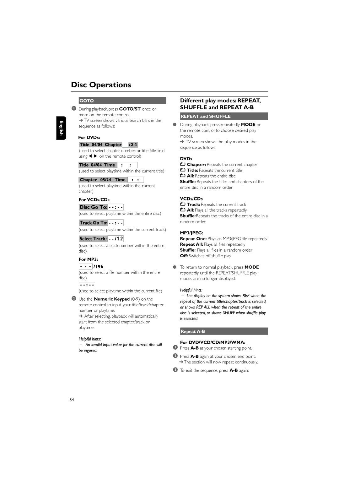 Philips MCD300/93 manual Different play modes REPEAT, Shuffle and Repeat A-B, Repeat and Shuffle, MP3/JPEG 