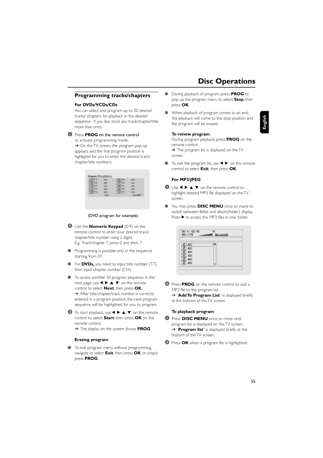 Philips MCD300/93 manual Programming tracks/chapters, For DVDs/VCDs/CDs, Erasing program, To reivew program, For MP3/JPEG 