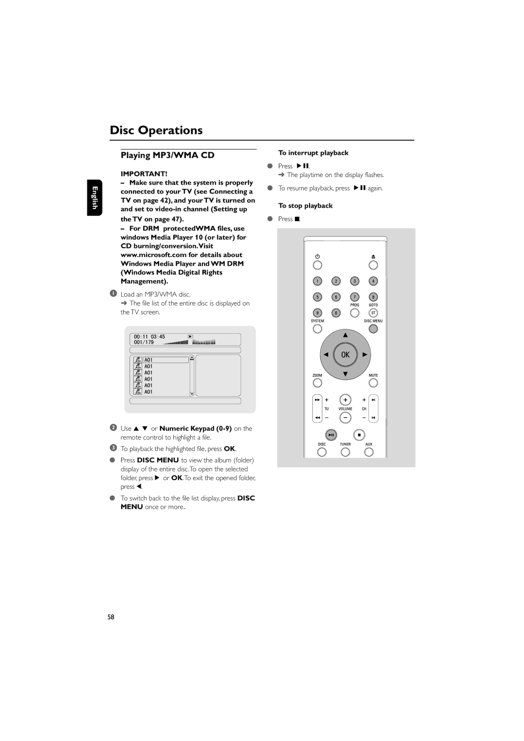 Philips MCD300/93 manual Playing MP3/WMA CD, To interrupt playback 