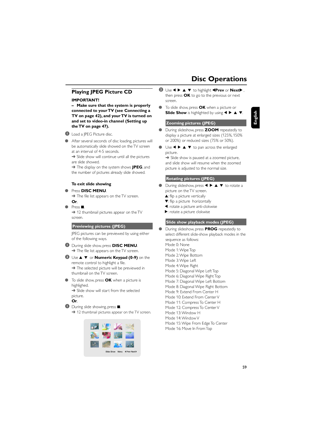 Philips MCD300/93 manual Playing Jpeg Picture CD, Previewing pictures Jpeg, Zooming pictures Jpeg, Rotating pictures Jpeg 