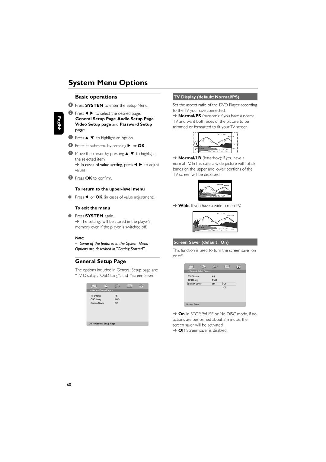 Philips MCD300/93 System Menu Options, General Setup, TV Display default Normal/PS, To return to the upper-level menu 