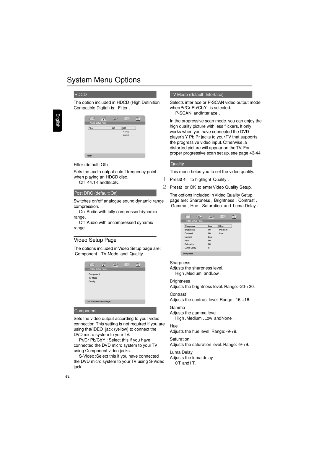 Philips MCD300/93 manual Video Setup, Post DRC default On, Component, TV Mode default Interface, Quality 