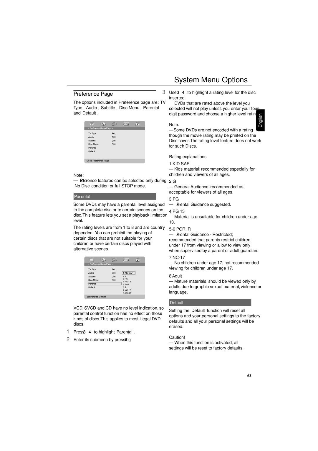 Philips MCD300/93 manual Preference, Parental, Kid Saf, Default 