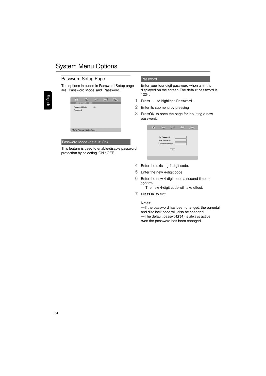 Philips MCD300/93 manual Password Setup, Password Mode default On 