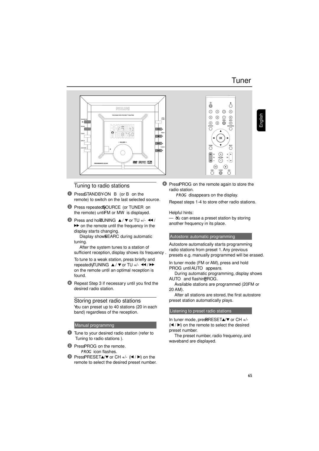 Philips MCD300/93 manual Tuner, Tuning to radio stations, Storing preset radio stations 