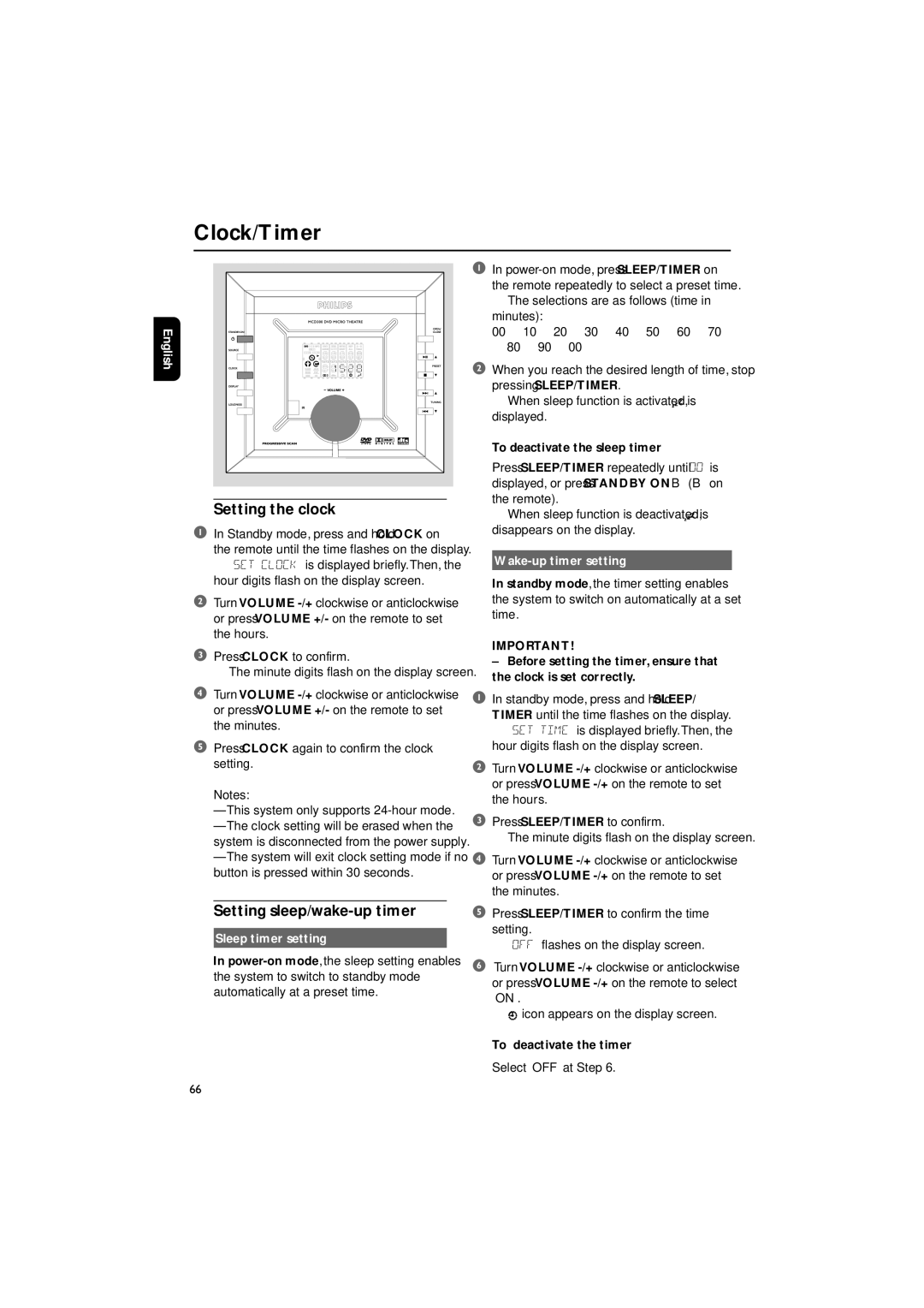 Philips MCD300/93 Clock/Timer, Setting the clock, Setting sleep/wake-up timer, Sleep timer setting, Wake-up timer setting 