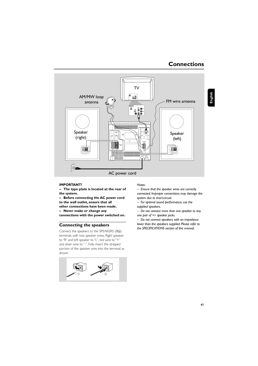 Philips MCD300/93 Connections, Connecting the speakers, Antenna, Speaker, Type plate is located at the rear of the system 