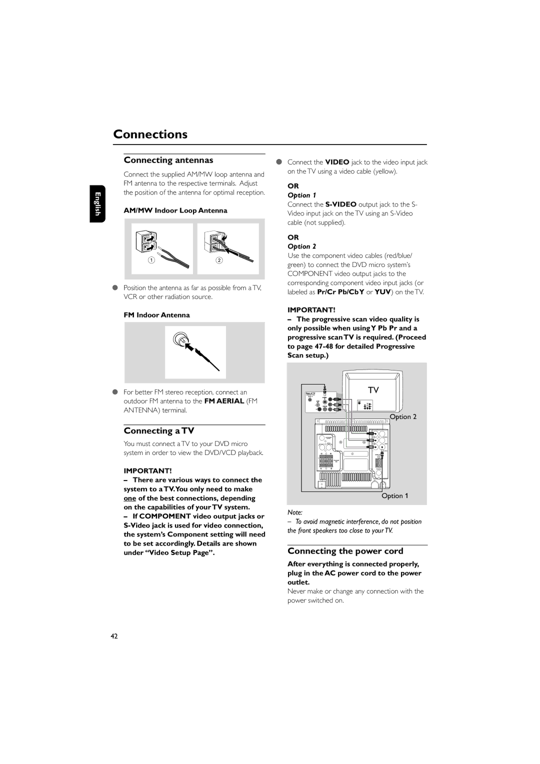 Philips MCD300/93 manual Connecting antennas, Connecting a TV, Connecting the power cord 