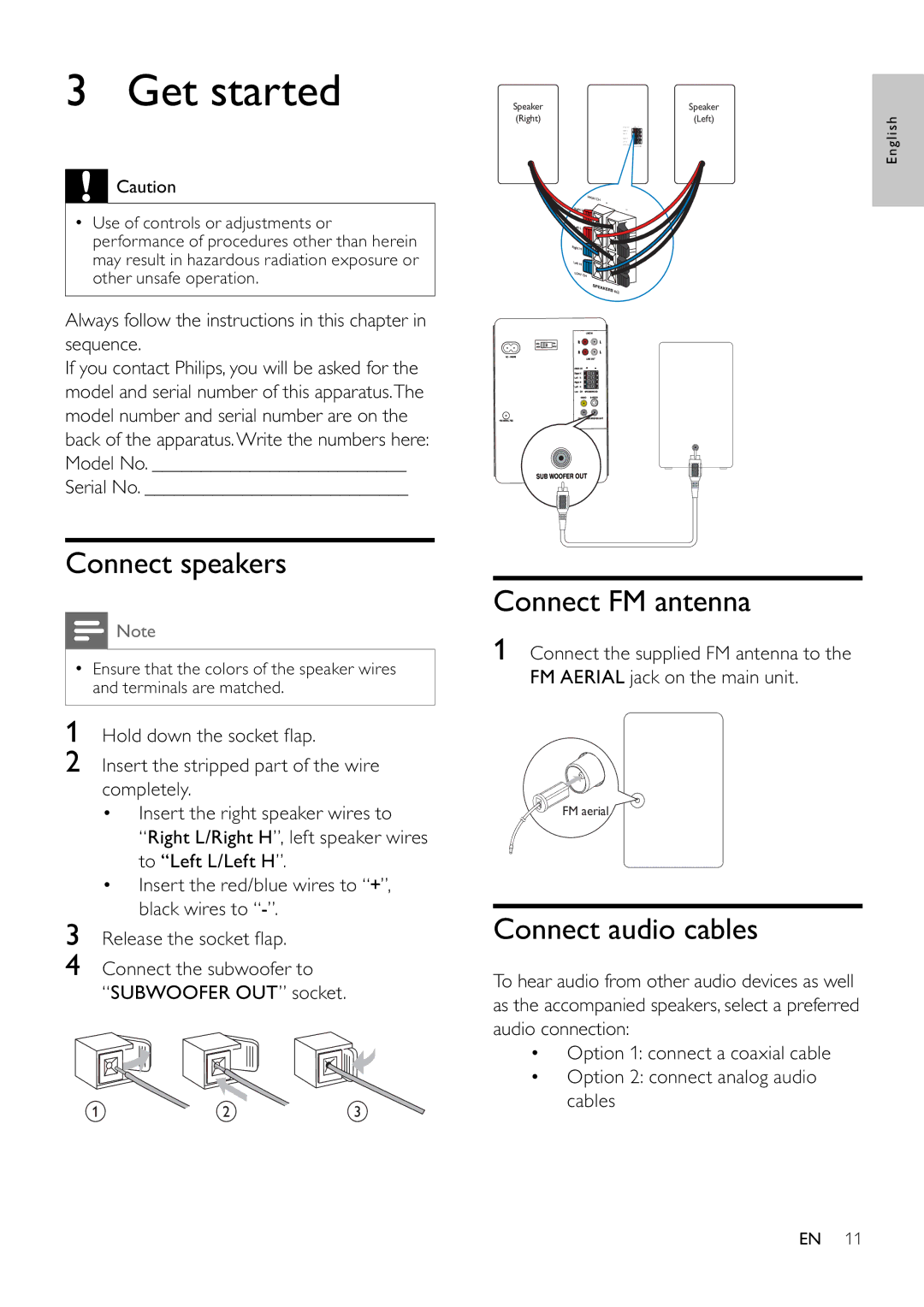 Philips MCD355 user manual Get started, Connect speakers, Connect FM antenna, Connect audio cables 