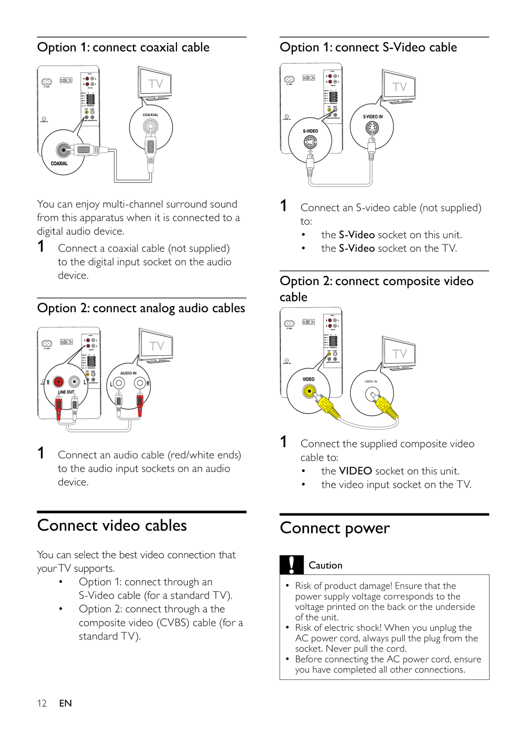 Philips MCD355 Connect video cables, Connect power, Option 1 connect coaxial cable, Option 2 connect analog audio cables 