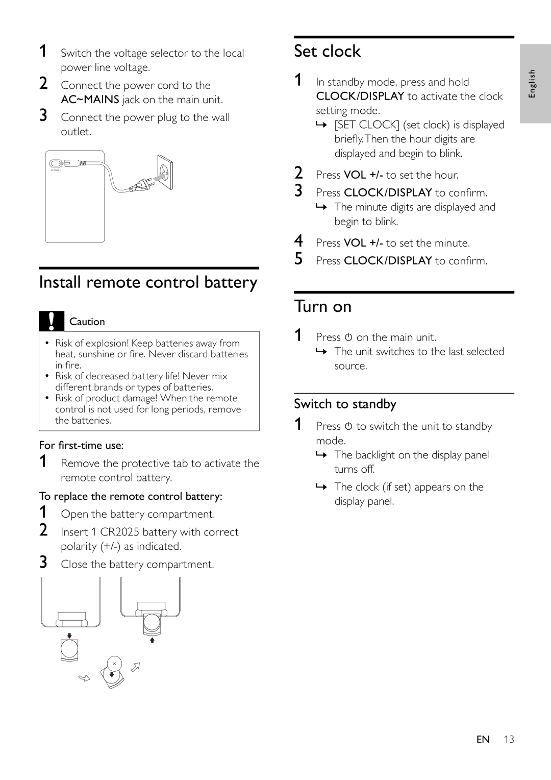 Philips MCD355 user manual Install remote control battery, Set clock, Turn on, Switch to standby 