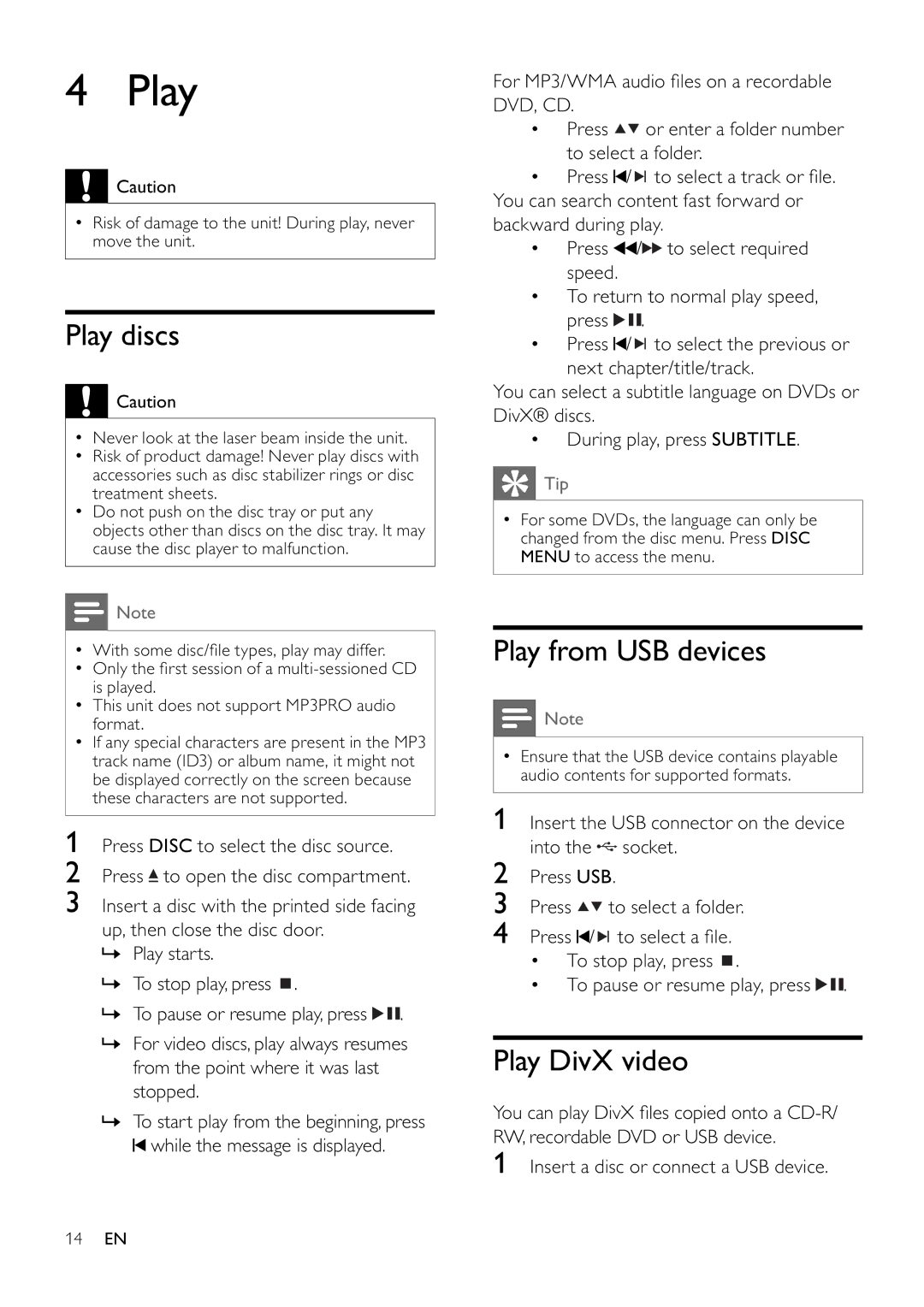 Philips MCD355 user manual Play discs, Play from USB devices, Play DivX video 