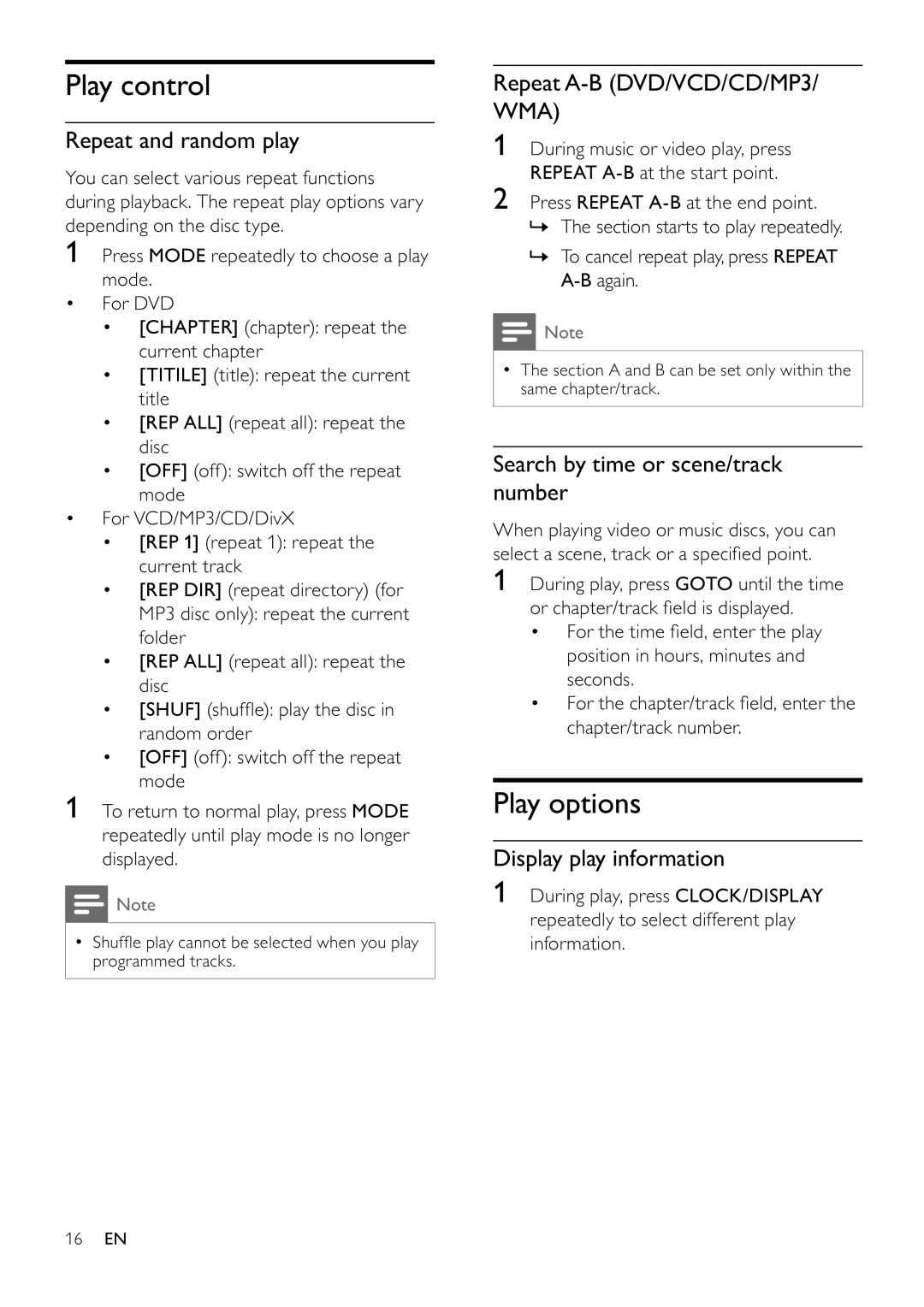 Philips MCD355 user manual Play control, Play options 