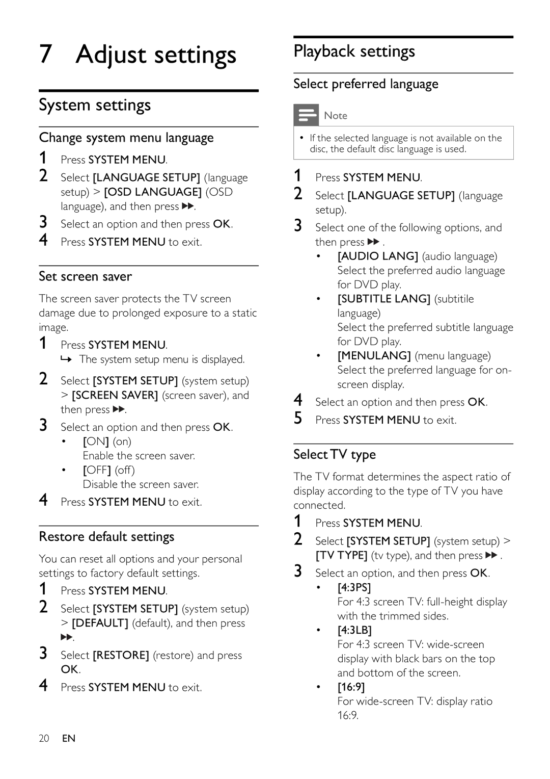 Philips MCD355 user manual Adjust settings, System settings, Playback settings 