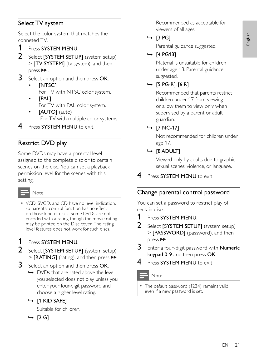 Philips MCD355 user manual Select TV system, Restrict DVD play, Change parental control password 