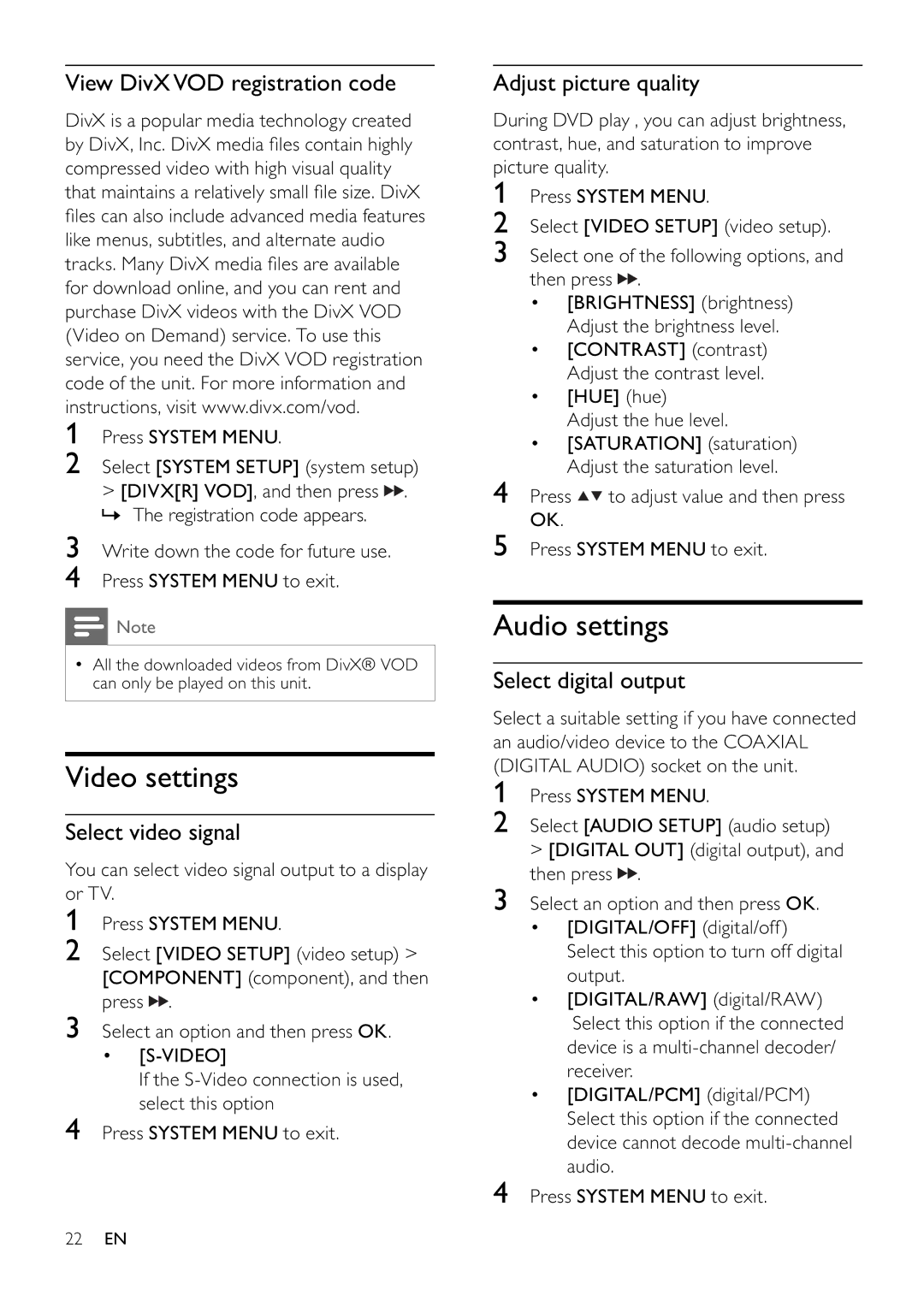 Philips MCD355 user manual Video settings, Audio settings 