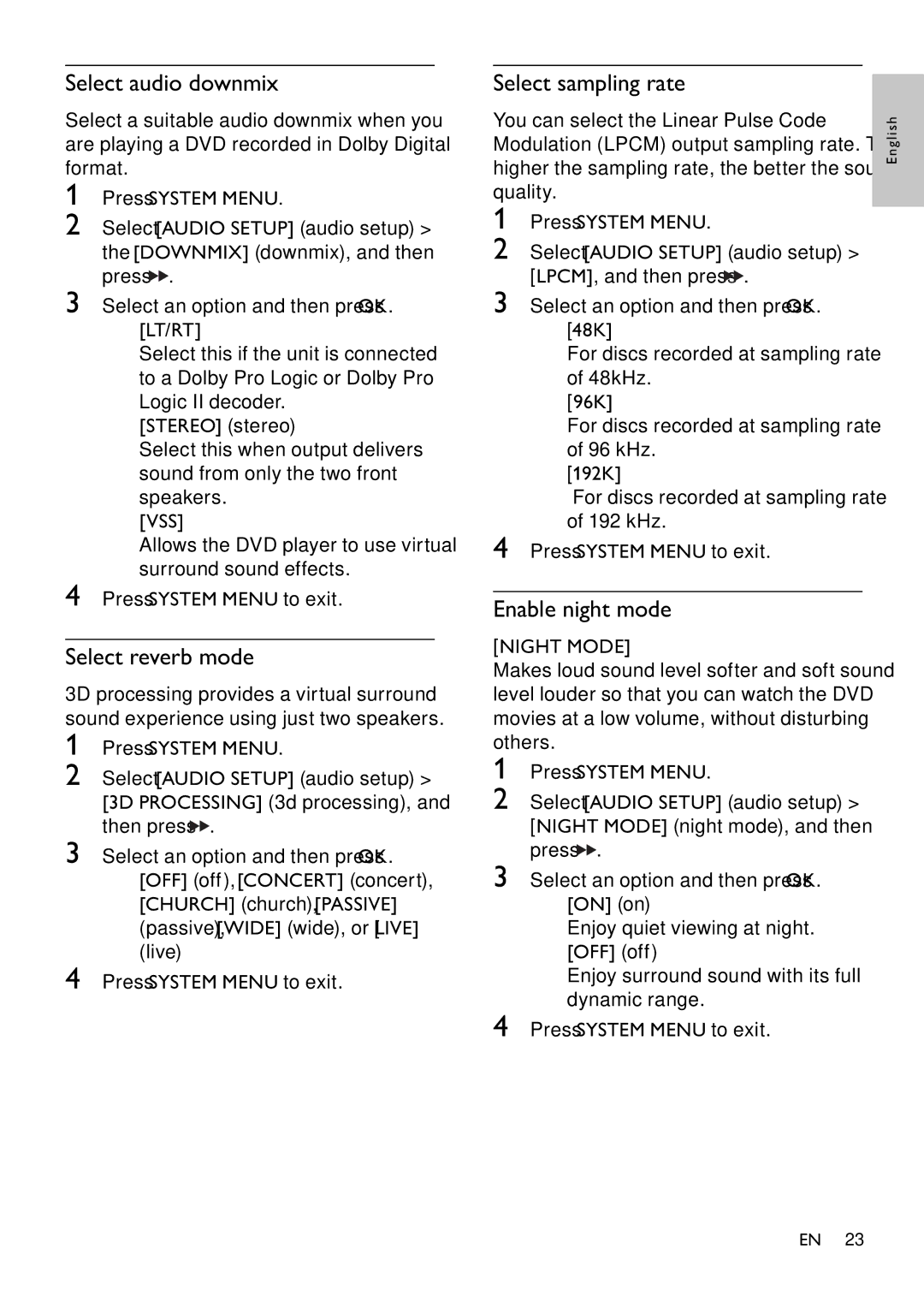 Philips MCD355 user manual Select audio downmix, Select reverb mode, Select sampling rate, Enable night mode, Night Mode 