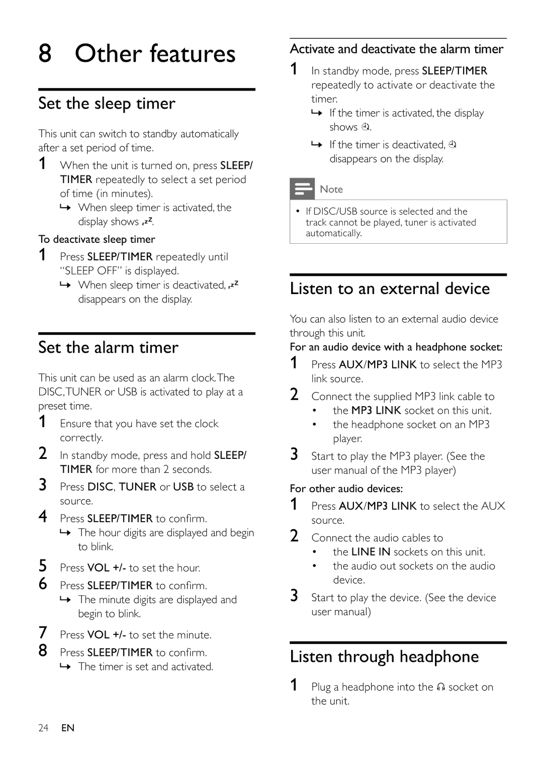 Philips MCD355 user manual Other features, Set the sleep timer, Set the alarm timer, Listen to an external device 