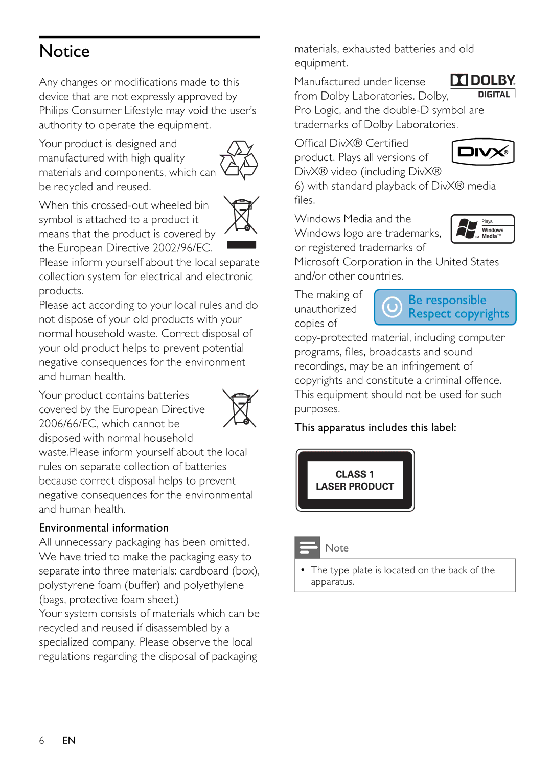 Philips MCD355 user manual Materials, exhausted batteries and old equipment 