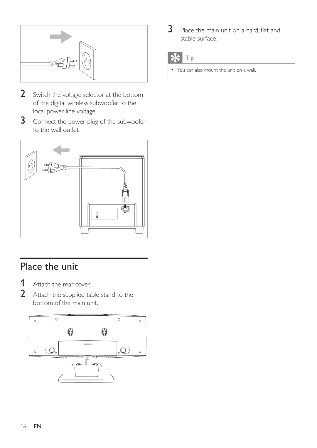 Philips MCD388 user manual Place the main unit on a hard, ﬂ at and stable surface 