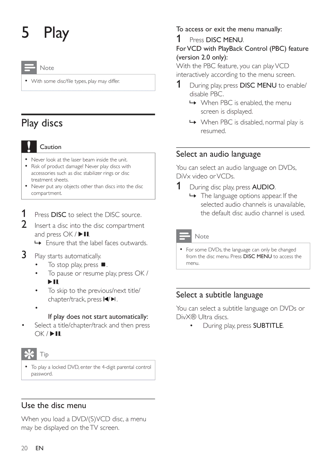 Philips MCD388 user manual Play discs, Use the disc menu, Select an audio language, Select a subtitle language 