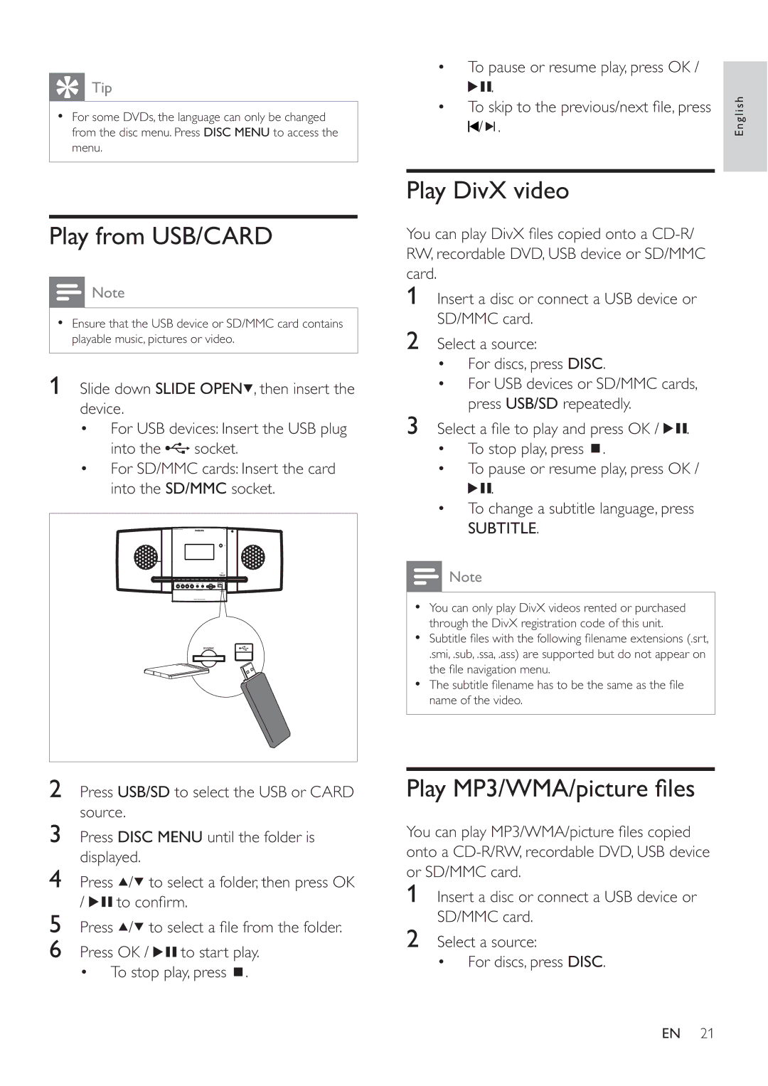 Philips MCD388 user manual Play from USB/CARD, Play DivX video, Play MP3/WMA/picture ﬁ les 