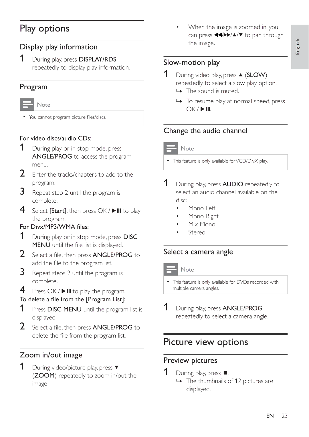 Philips MCD388 user manual Play options, Picture view options 