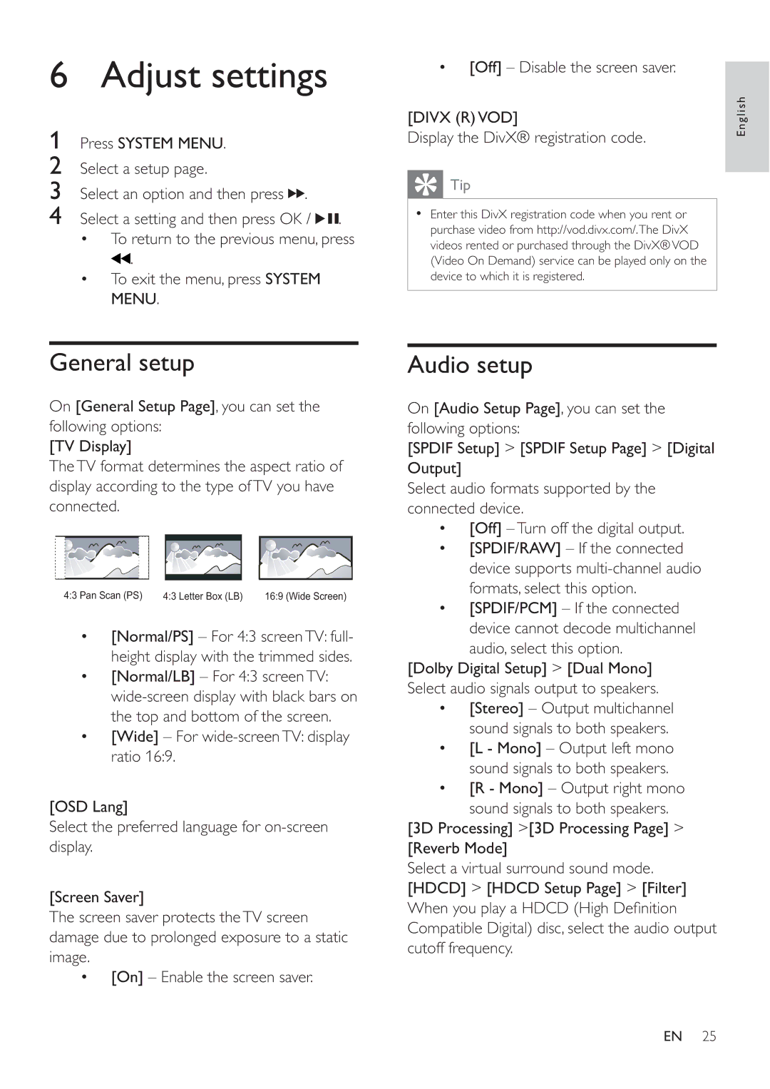 Philips MCD388 user manual Adjust settings, General setup, Audio setup, Display the DivX registration code 