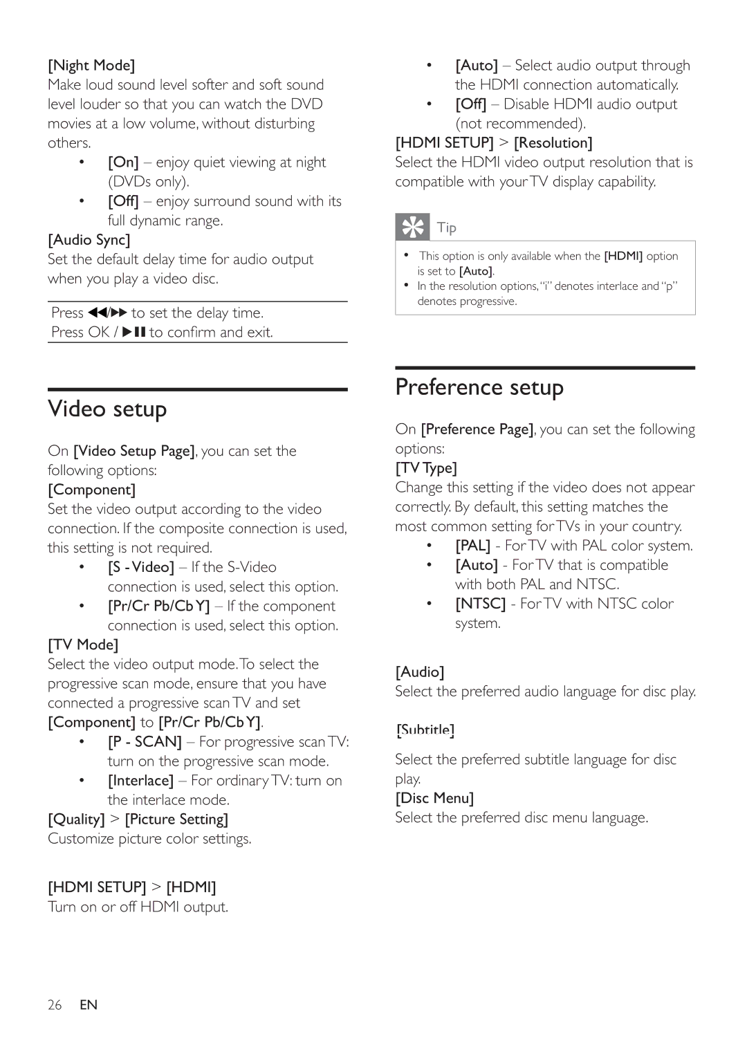 Philips MCD388 user manual Video setup, Preference setup 