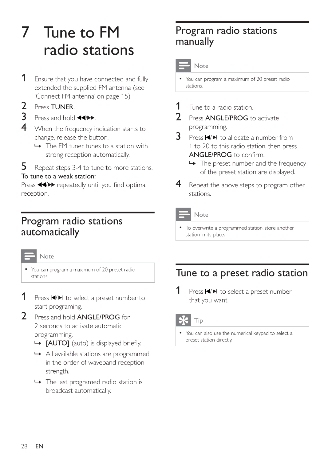 Philips MCD388 Program radio stations automatically, Program radio stations manually, Tune to a preset radio station 