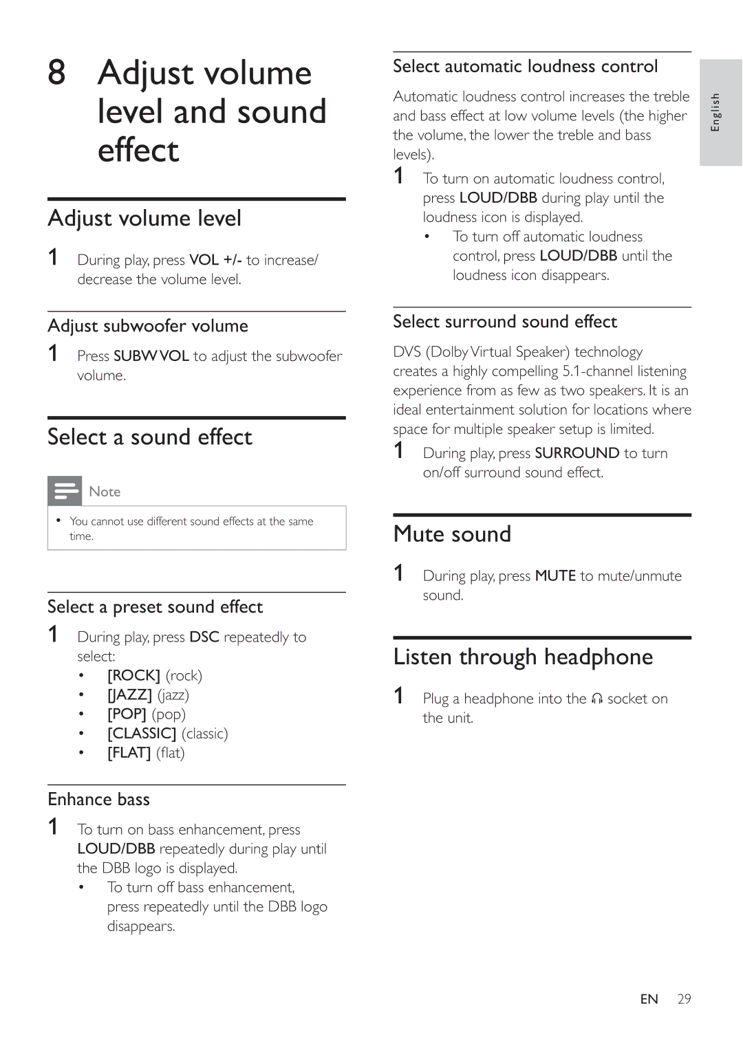 Philips MCD388 Adjust volume level and sound effect, Select a sound effect, Mute sound, Listen through headphone 