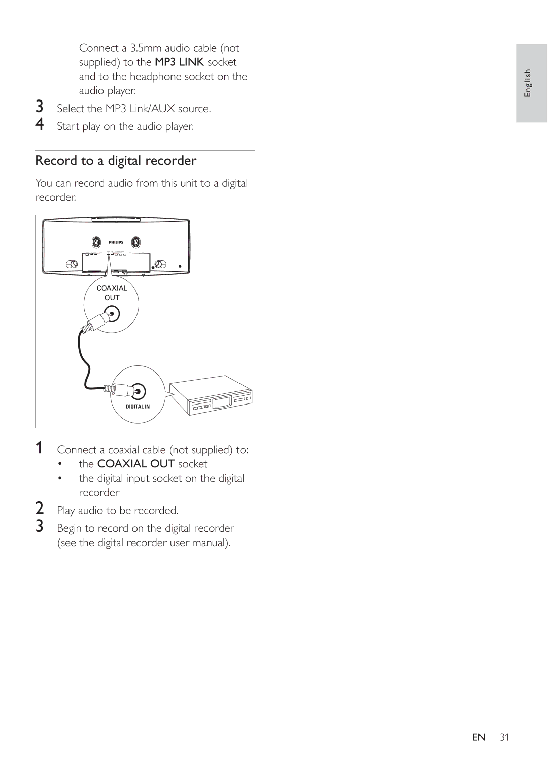 Philips MCD388 user manual Record to a digital recorder, You can record audio from this unit to a digital recorder 