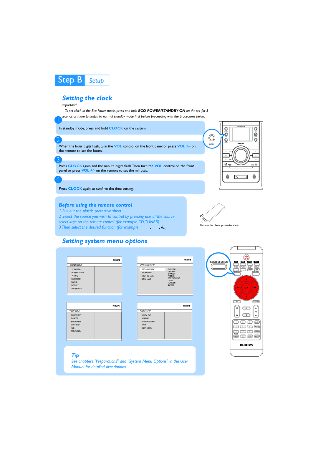 Philips MCD395/12 quick start Setting the clock, Setting system menu options, Before using the remote control 