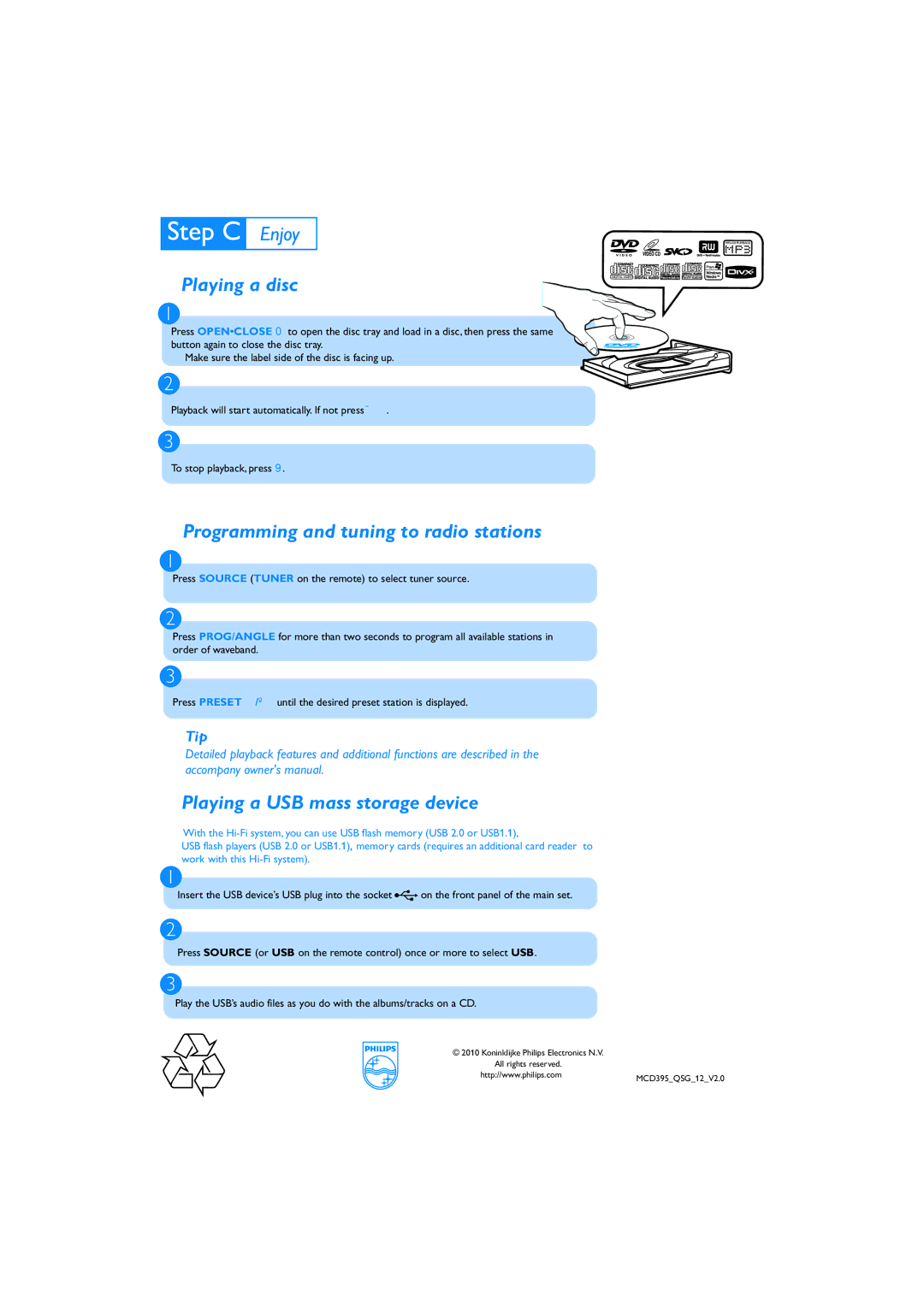 Philips MCD395/12 quick start Playing a disc, Programming and tuning to radio stations, Playing a USB mass storage device 