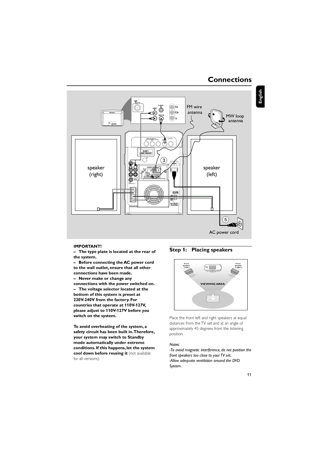 Philips MCD510/21 manual Connections, Right, Left, Placing speakers 