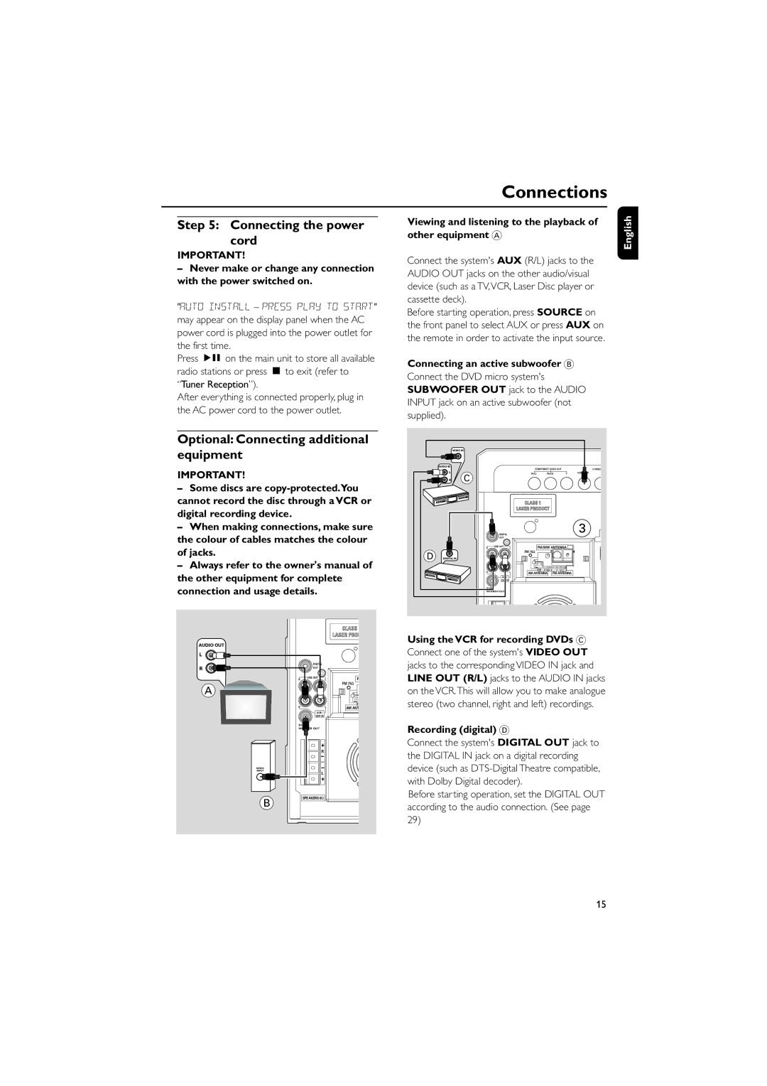 Philips MCD510/21 Connecting the power cord, Optional Connecting additional equipment, Connecting an active subwoofer B 